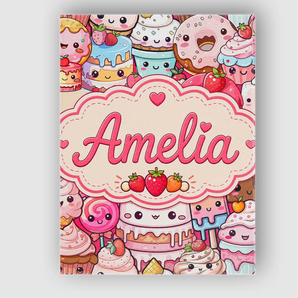 Personalised Name Cute Kawaii Dessert Cake Custom  Unique Gift Idea Elegant Feature Canvas Wall Art Print Decor Picture Ready to Hang