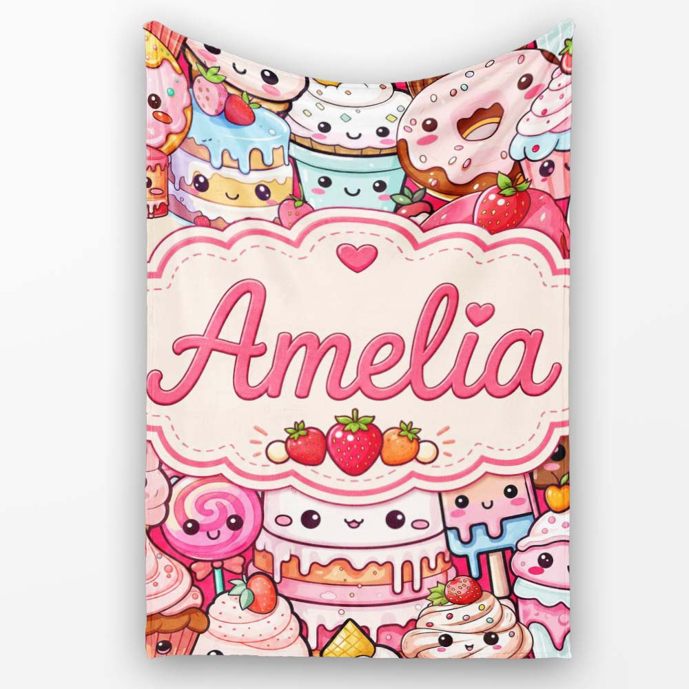 Cute Kawaii Dessert Cake Cupcake Donut Candy Sweet Treat Collage  Personalised Custom Name Super Soft Fleece Blanket Bed Sofa Throw