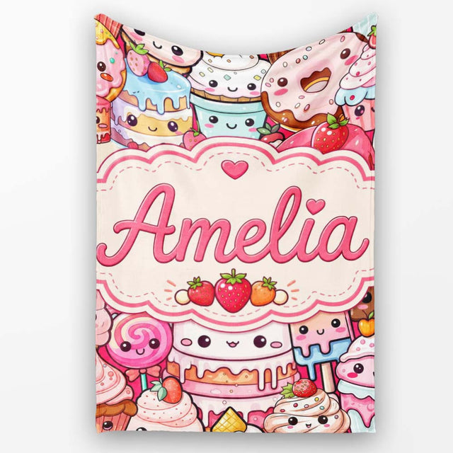 Cute Kawaii Dessert Cake Cupcake Donut Candy Sweet Treat Collage  Personalised Custom Name Super Soft Fleece Blanket Bed Sofa Throw