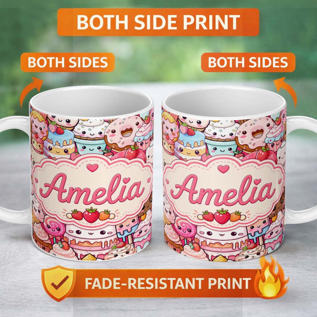 Personalized Custom Name Cute Kawaii Dessert Cake Cupcake Donut Candy Sweet Treat Collage 11oz Ceramic Coffee Tea Mug White Large Handle