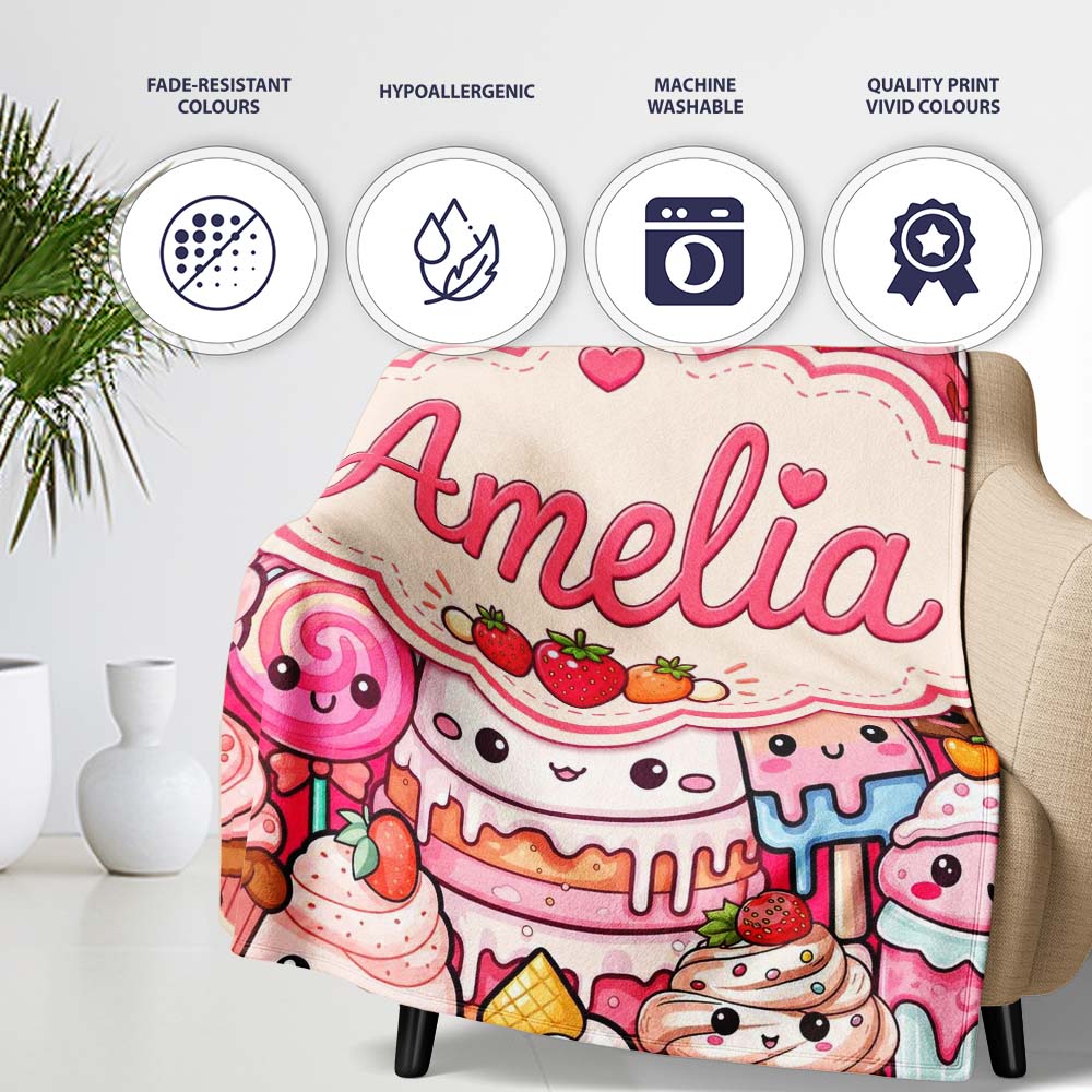 Cute Kawaii Dessert Cake Cupcake Donut Candy Sweet Treat Collage  Personalised Custom Name Super Soft Fleece Blanket Bed Sofa Throw