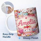 Personalized Custom Name Cute Kawaii Dessert Cake Cupcake Donut Candy Sweet Treat Collage 11oz Ceramic Coffee Tea Mug White Large Handle