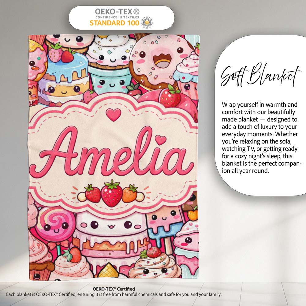 Cute Kawaii Dessert Cake Cupcake Donut Candy Sweet Treat Collage  Personalised Custom Name Super Soft Fleece Blanket Bed Sofa Throw