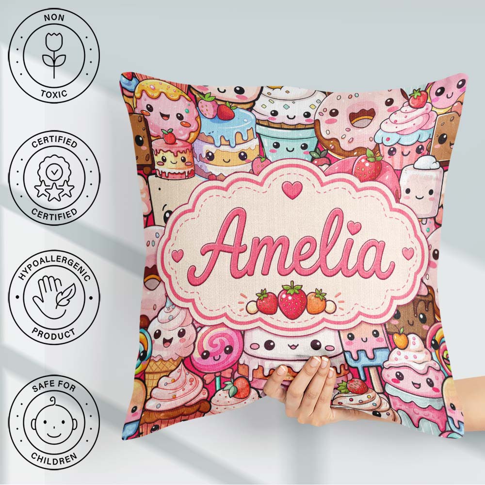 Custom Name Dessert Cake Cupcake Donut Candy Sweet Treat Collage Square Filled Cushion Throw Pillow Sofa Bed Home Decor Zip Washable UK Made