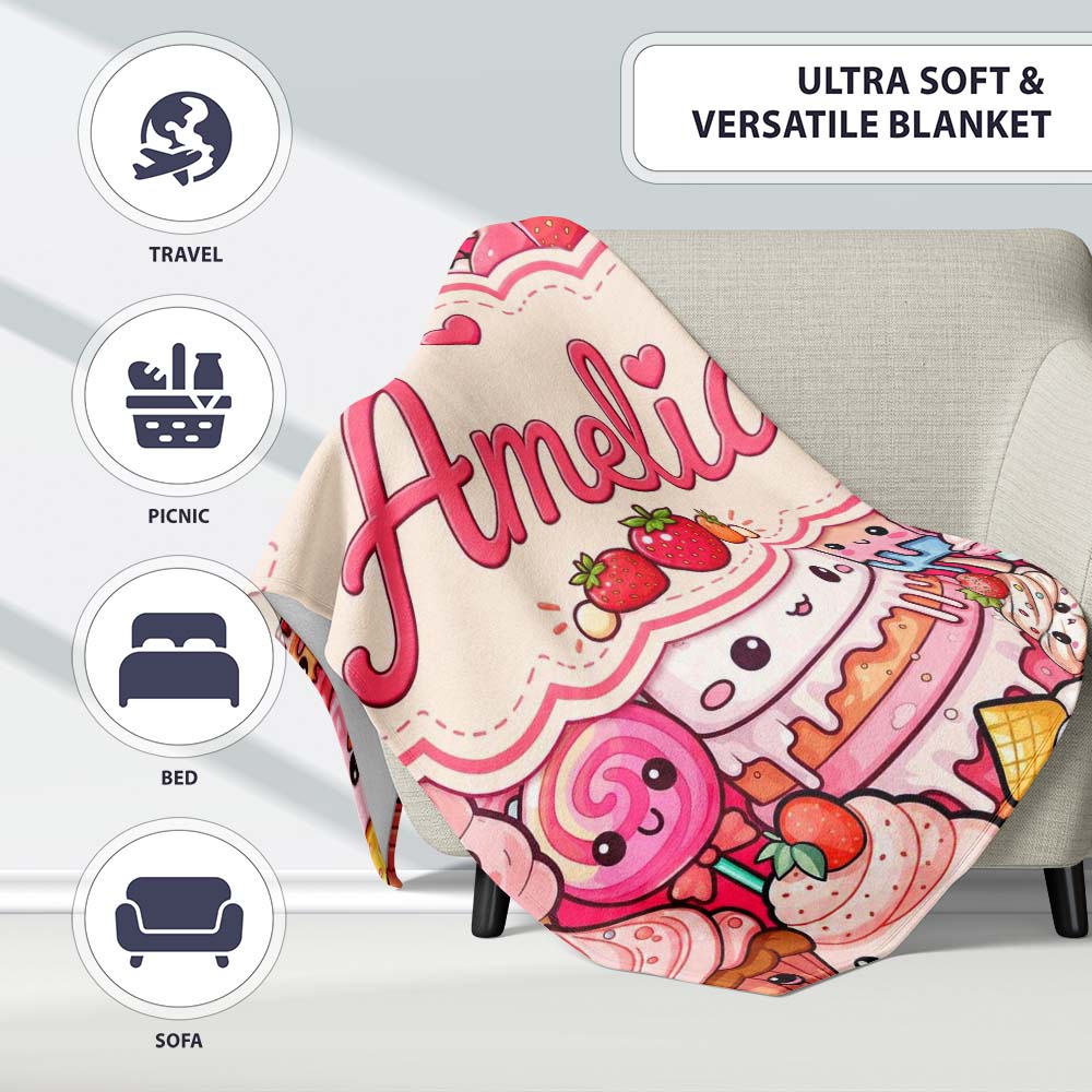 Cute Kawaii Dessert Cake Cupcake Donut Candy Sweet Treat Collage  Personalised Custom Name Super Soft Fleece Blanket Bed Sofa Throw