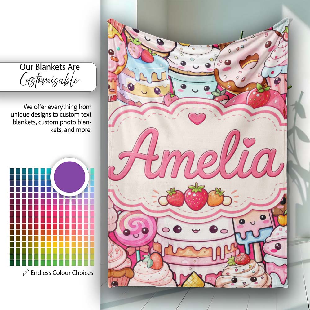 Cute Kawaii Dessert Cake Cupcake Donut Candy Sweet Treat Collage  Personalised Custom Name Super Soft Fleece Blanket Bed Sofa Throw