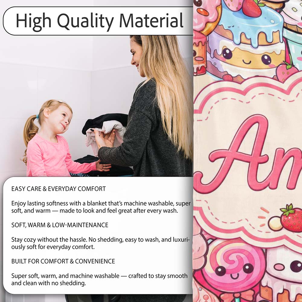 Cute Kawaii Dessert Cake Cupcake Donut Candy Sweet Treat Collage  Personalised Custom Name Super Soft Fleece Blanket Bed Sofa Throw