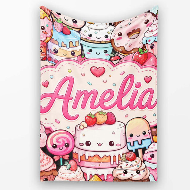 Cute Kawaii Dessert Cake Cupcake Donut Candy Sweet Treat Collage  Personalised Custom Name Super Soft Fleece Blanket Bed Sofa Throw