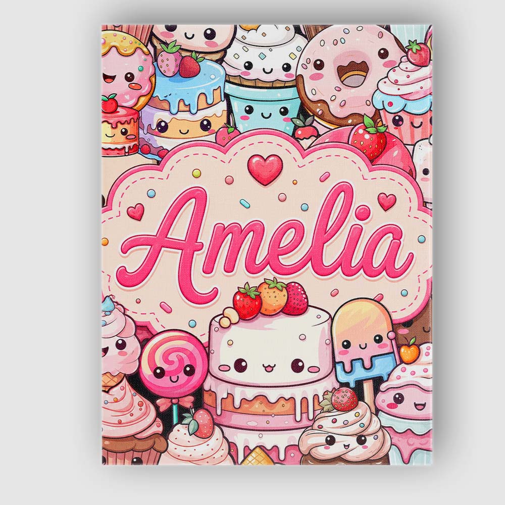 Personalised Name Cute Kawaii Dessert Cake Custom  Unique Gift Idea Elegant Feature Canvas Wall Art Print Decor Picture Ready to Hang