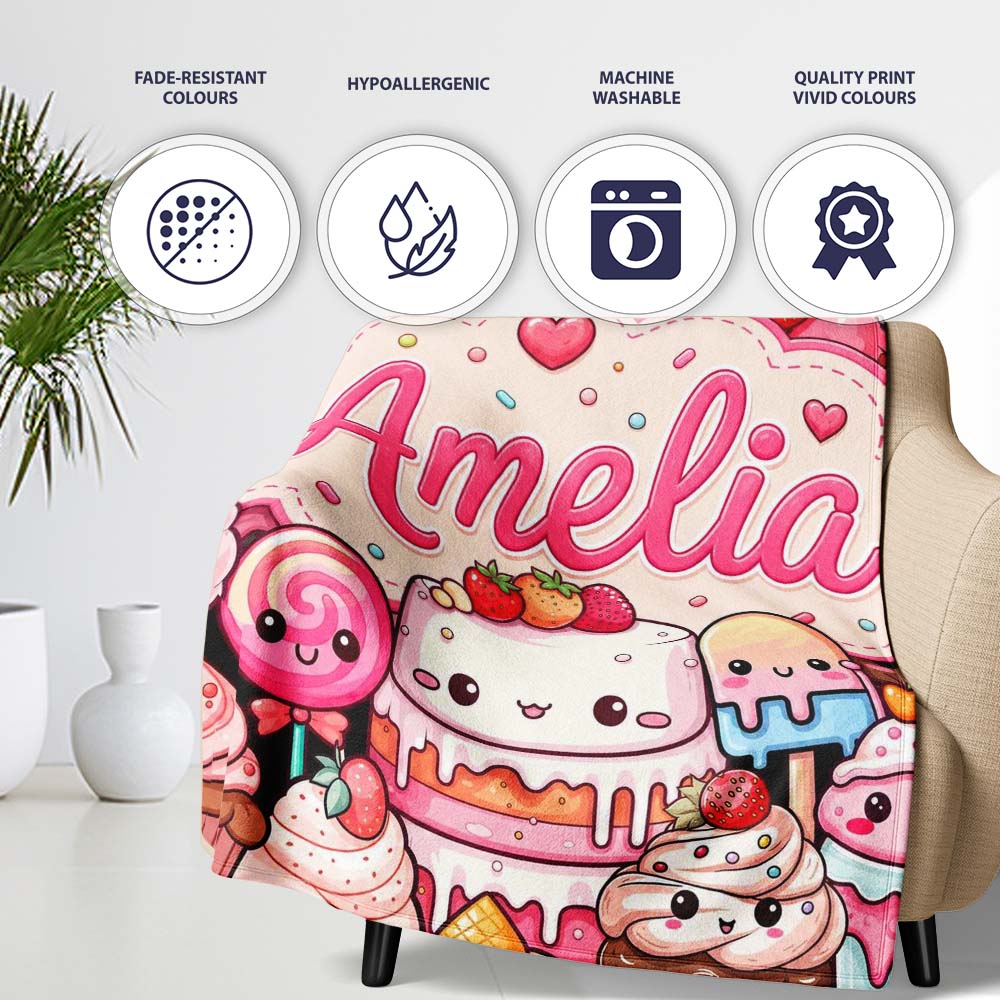 Cute Kawaii Dessert Cake Cupcake Donut Candy Sweet Treat Collage  Personalised Custom Name Super Soft Fleece Blanket Bed Sofa Throw