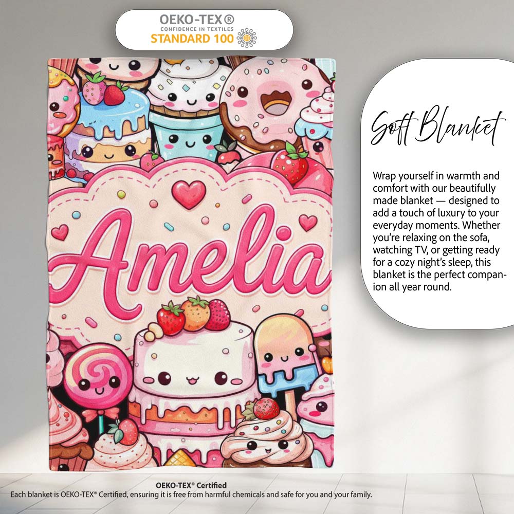 Cute Kawaii Dessert Cake Cupcake Donut Candy Sweet Treat Collage  Personalised Custom Name Super Soft Fleece Blanket Bed Sofa Throw