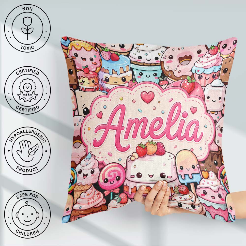 Custom Name Dessert Cake Cupcake Donut Candy Sweet Treat Collage Square Filled Cushion Throw Pillow Sofa Bed Home Decor Zip Washable UK Made