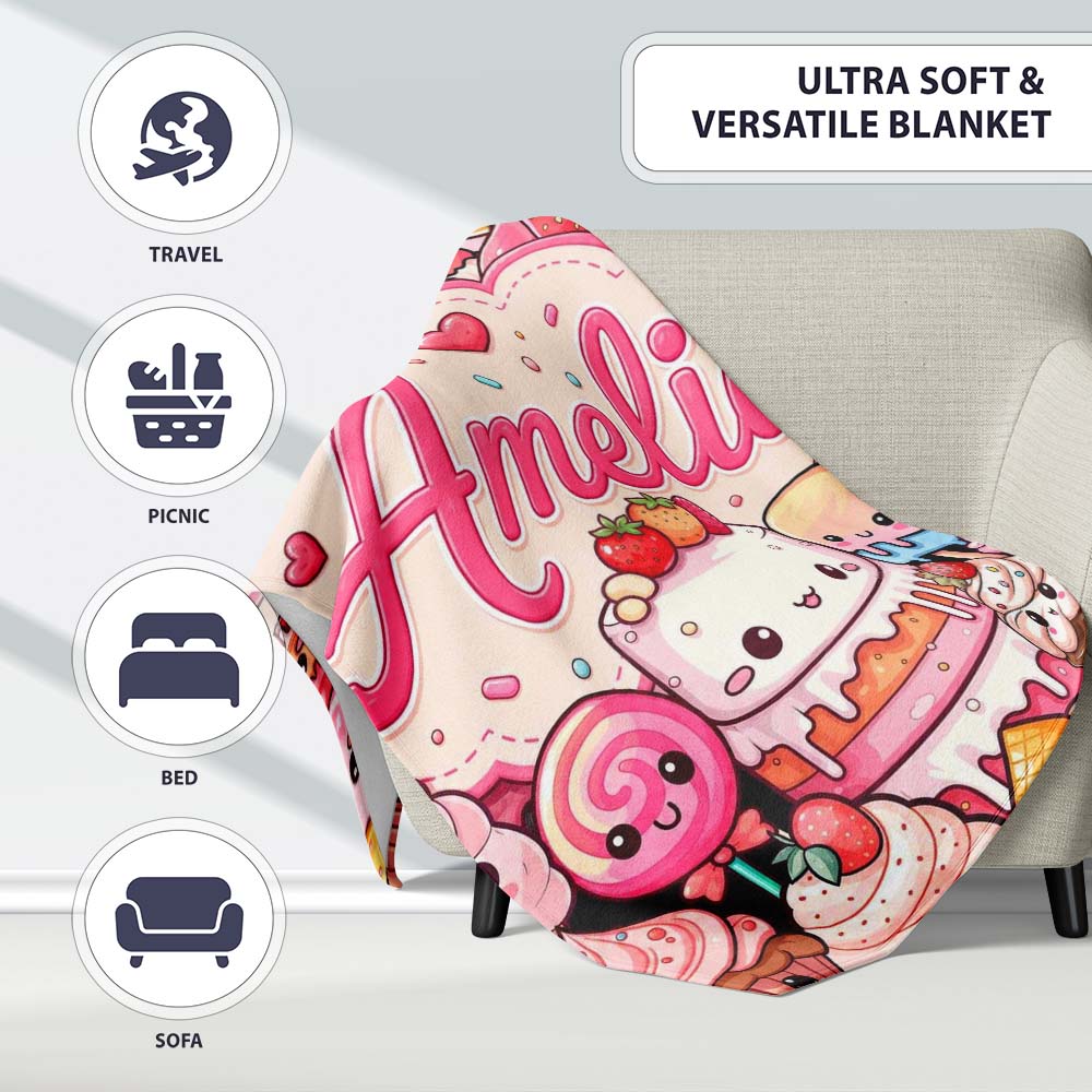 Cute Kawaii Dessert Cake Cupcake Donut Candy Sweet Treat Collage  Personalised Custom Name Super Soft Fleece Blanket Bed Sofa Throw
