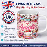 Personalized Custom Name Cute Kawaii Dessert Cake Cupcake Donut Candy Sweet Treat Collage 11oz Ceramic Coffee Tea Mug White Large Handle