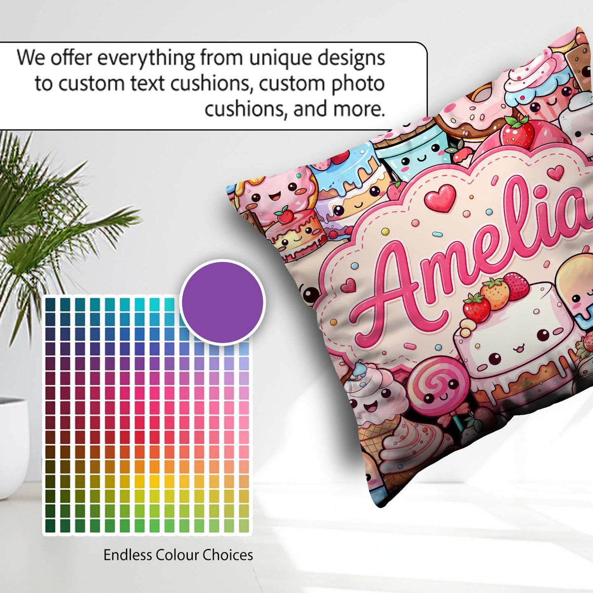 Custom Name Dessert Cake Cupcake Donut Candy Sweet Treat Collage Square Filled Cushion Throw Pillow Sofa Bed Home Decor Zip Washable UK Made