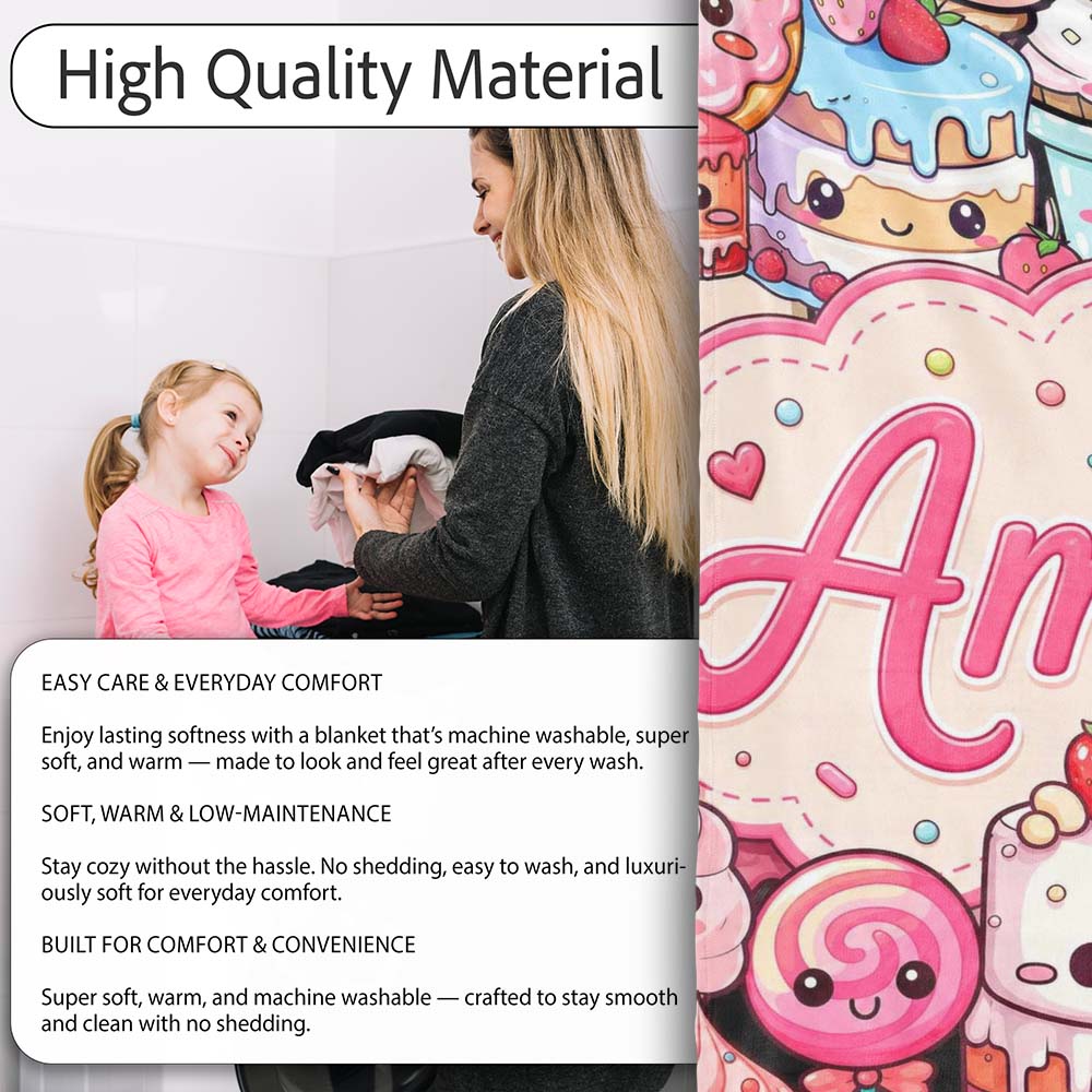 Cute Kawaii Dessert Cake Cupcake Donut Candy Sweet Treat Collage  Personalised Custom Name Super Soft Fleece Blanket Bed Sofa Throw