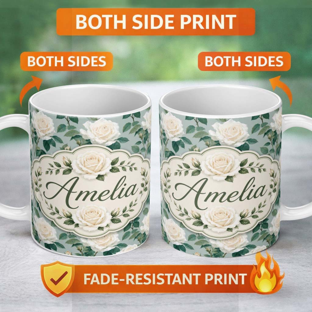 Personalized Custom Name White Roses with Green Leaves on Soft Blue Background Seamless 11oz Ceramic Coffee Tea Mug White Large Handle