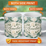 Personalized Custom Name White Roses with Green Leaves on Soft Blue Background Seamless 11oz Ceramic Coffee Tea Mug White Large Handle