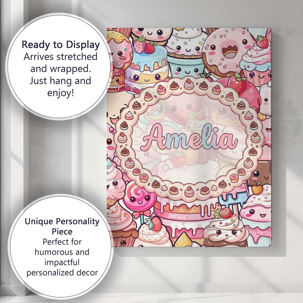 Personalised Name Cute Kawaii Dessert Cake Custom  Unique Gift Idea Elegant Feature Canvas Wall Art Print Decor Picture Ready to Hang