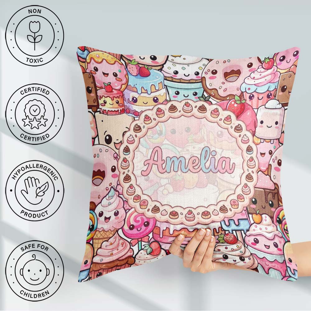 Custom Name Dessert Cake Cupcake Donut Candy Sweet Treat Collage Square Filled Cushion Throw Pillow Sofa Bed Home Decor Zip Washable UK Made