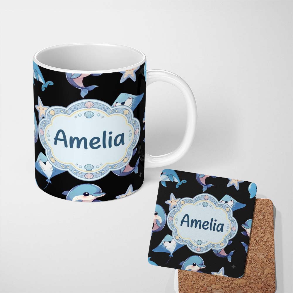 Personalized Custom Name Kawaii Dolphin Stingray Starfish Ocean Animals Seamless Pattern 11oz Ceramic Coffee Tea Mug White Large Handle