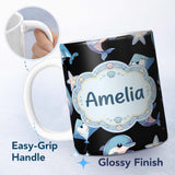 Personalized Custom Name Kawaii Dolphin Stingray Starfish Ocean Animals Seamless Pattern 11oz Ceramic Coffee Tea Mug White Large Handle