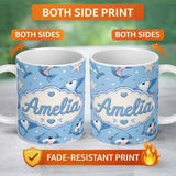 Personalized Custom Name Kawaii Dolphin Stingray Starfish Ocean Animals Seamless Pattern 11oz Ceramic Coffee Tea Mug White Large Handle