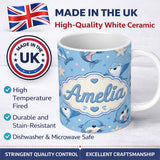 Personalized Custom Name Kawaii Dolphin Stingray Starfish Ocean Animals Seamless Pattern 11oz Ceramic Coffee Tea Mug White Large Handle