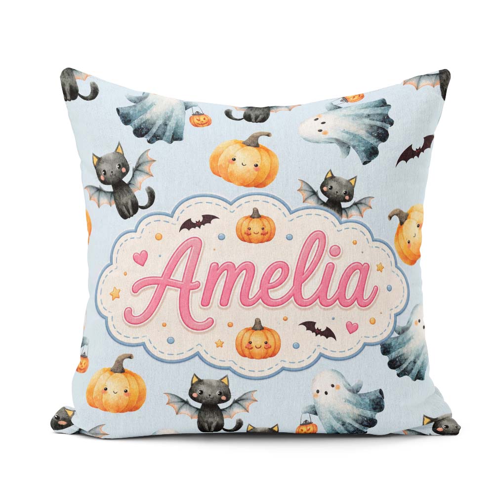 Custom Name Cute Halloween Pumpkin Bat Cat Seamless Pattern Grey Square Filled Cushion Throw Pillow Sofa Bed Home Decor Zip Washable UK Made
