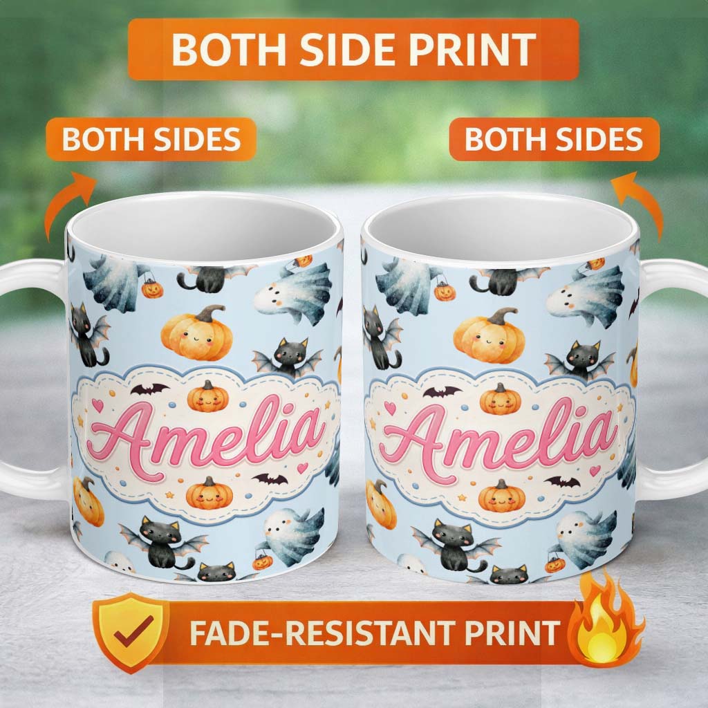 Personalized Custom Name Cute Halloween Ghost Pumpkin Bat Cat Seamless Pattern Grey 11oz Ceramic Coffee Tea Mug White Large Handle