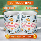 Personalized Custom Name Cute Halloween Ghost Pumpkin Bat Cat Seamless Pattern Grey 11oz Ceramic Coffee Tea Mug White Large Handle