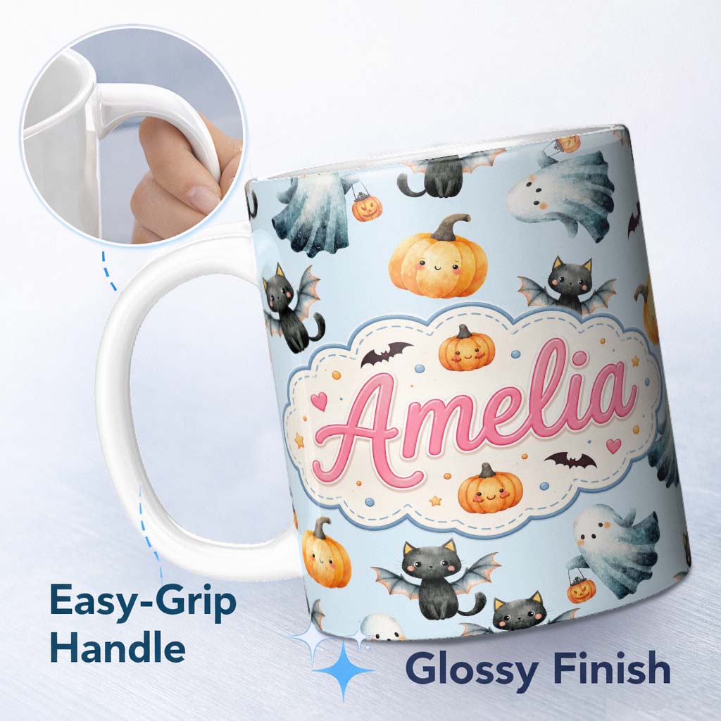 Personalized Custom Name Cute Halloween Ghost Pumpkin Bat Cat Seamless Pattern Grey 11oz Ceramic Coffee Tea Mug White Large Handle