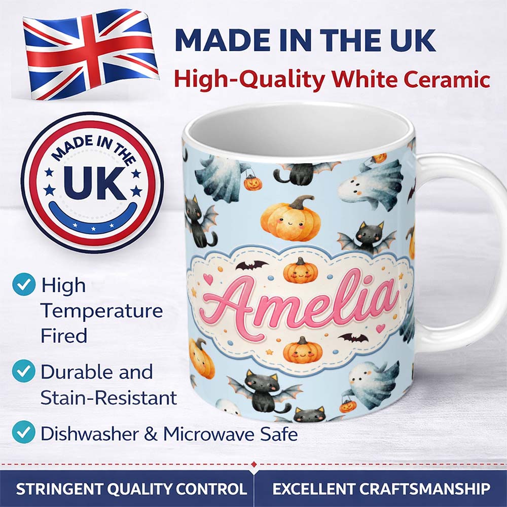 Personalized Custom Name Cute Halloween Ghost Pumpkin Bat Cat Seamless Pattern Grey 11oz Ceramic Coffee Tea Mug White Large Handle