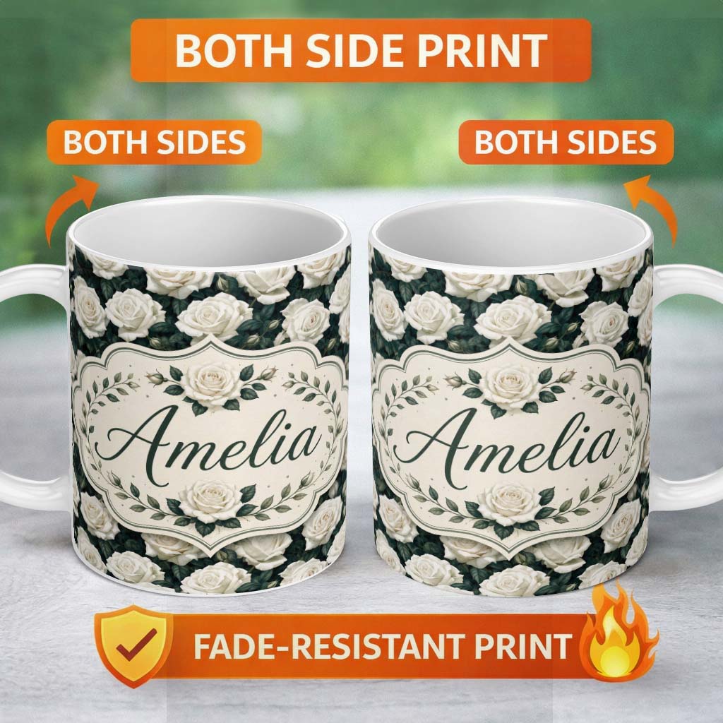 Personalized Custom Name Elegant White Roses with Deep Green Leaves Seamless Pattern Lovely 11oz Ceramic Coffee Tea Mug White Large Handle