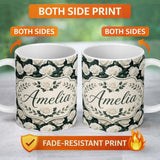 Personalized Custom Name Elegant White Roses with Deep Green Leaves Seamless Pattern Lovely 11oz Ceramic Coffee Tea Mug White Large Handle