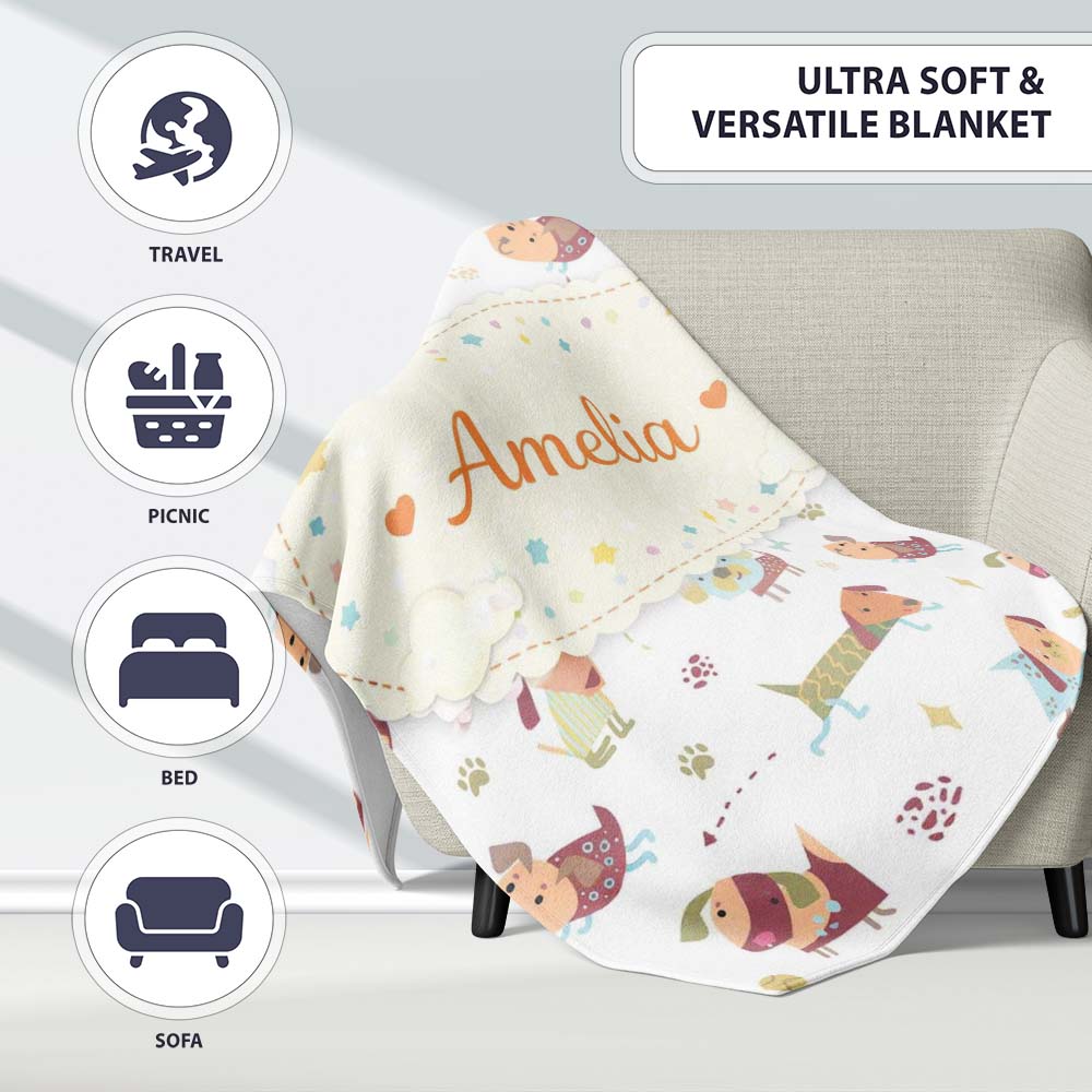 Cute Cartoon Dogs Playful Pet Seamless Pattern Perfect Gift for Her  Personalised Custom Name Super Soft Fleece Blanket Bed Sofa Throw