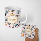 Personalized Custom Name Cute Halloween Ghost Pumpkin Bat Cat Seamless Pattern Pink 11oz Ceramic Coffee Tea Mug White Large Handle