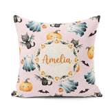 Custom Name Cute Halloween Pumpkin Bat Cat Seamless Pattern Pink Square Filled Cushion Throw Pillow Sofa Bed Home Decor Zip Washable UK Made