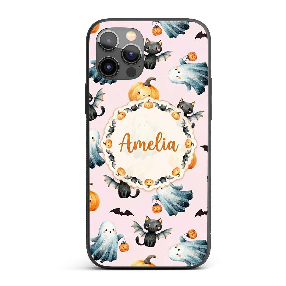 Cute Halloween Ghost Pumpkin Bat Cat Seamless Custom Name Protective Phone Case Mobile Cover Durable Everyday Smartphone Shock Resistant