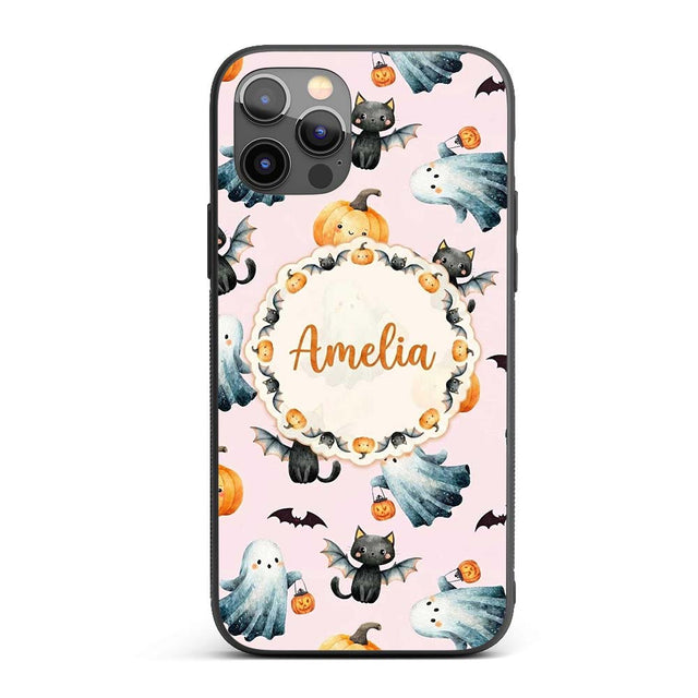 Cute Halloween Ghost Pumpkin Bat Cat Seamless Custom Name Protective Phone Case Mobile Cover Durable Everyday Smartphone Shock Resistant