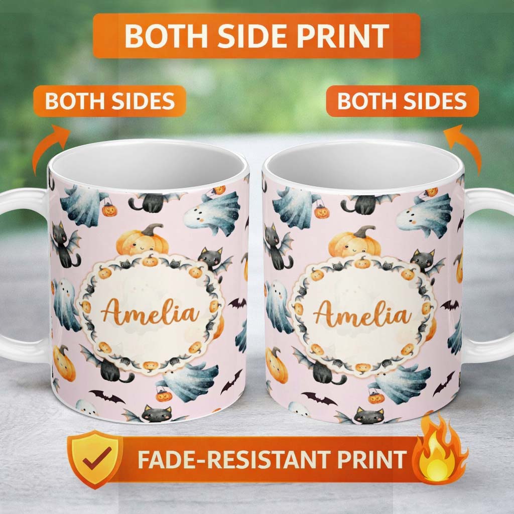 Personalized Custom Name Cute Halloween Ghost Pumpkin Bat Cat Seamless Pattern Pink 11oz Ceramic Coffee Tea Mug White Large Handle