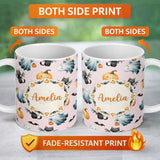 Personalized Custom Name Cute Halloween Ghost Pumpkin Bat Cat Seamless Pattern Pink 11oz Ceramic Coffee Tea Mug White Large Handle