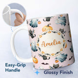 Personalized Custom Name Cute Halloween Ghost Pumpkin Bat Cat Seamless Pattern Pink 11oz Ceramic Coffee Tea Mug White Large Handle