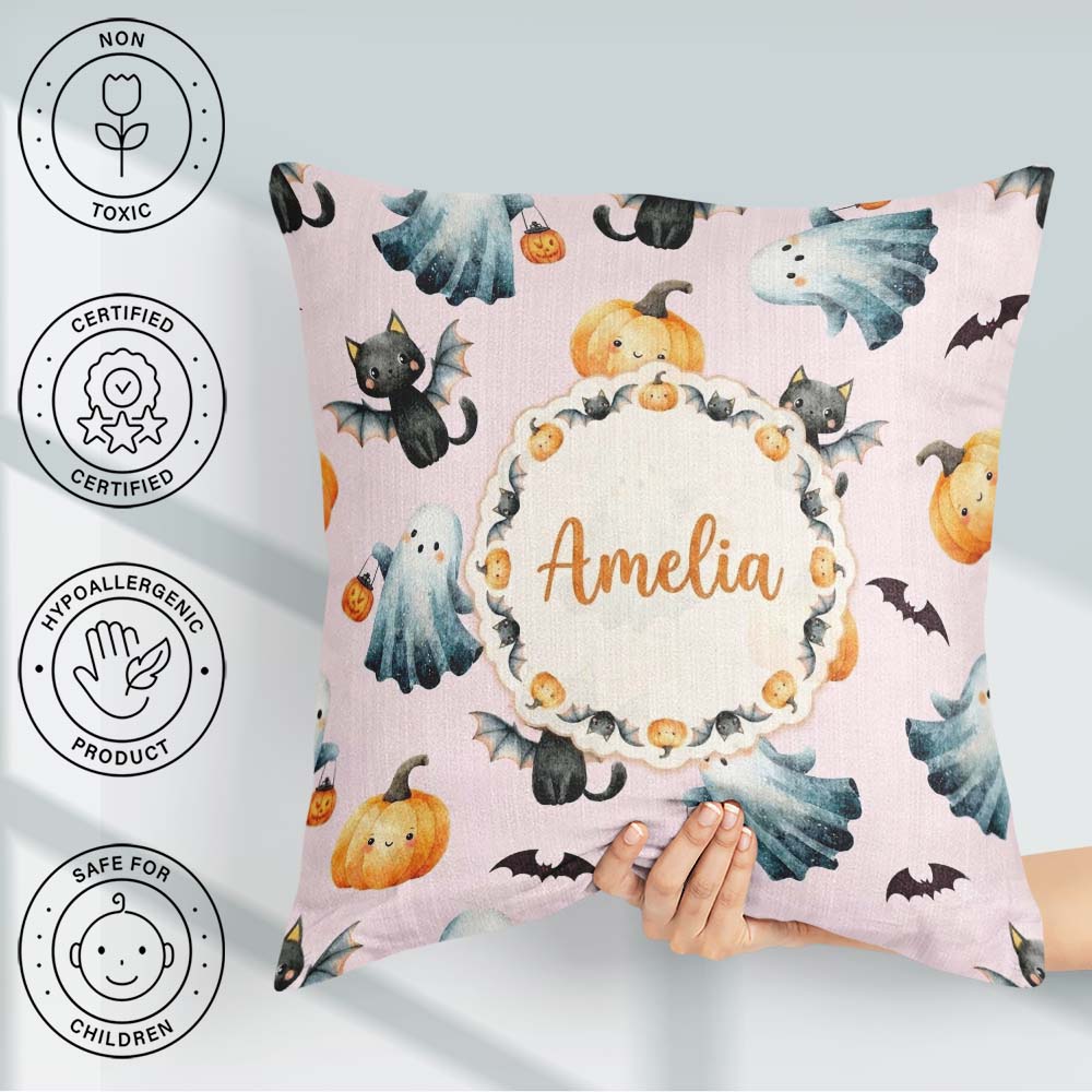 Custom Name Cute Halloween Pumpkin Bat Cat Seamless Pattern Pink Square Filled Cushion Throw Pillow Sofa Bed Home Decor Zip Washable UK Made