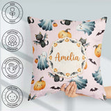 Custom Name Cute Halloween Pumpkin Bat Cat Seamless Pattern Pink Square Filled Cushion Throw Pillow Sofa Bed Home Decor Zip Washable UK Made