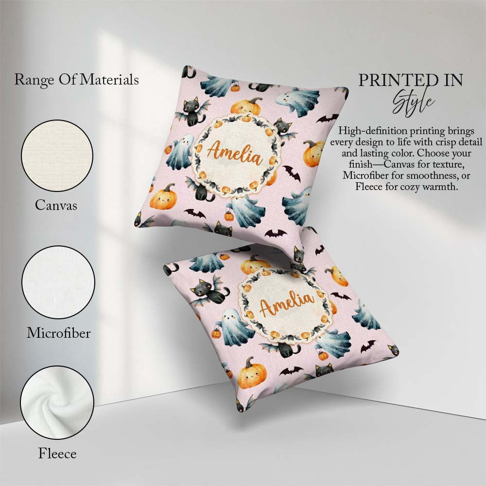 Custom Name Cute Halloween Pumpkin Bat Cat Seamless Pattern Pink Square Filled Cushion Throw Pillow Sofa Bed Home Decor Zip Washable UK Made