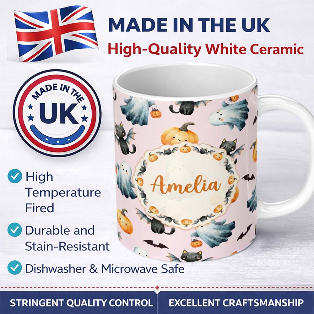 Personalized Custom Name Cute Halloween Ghost Pumpkin Bat Cat Seamless Pattern Pink 11oz Ceramic Coffee Tea Mug White Large Handle
