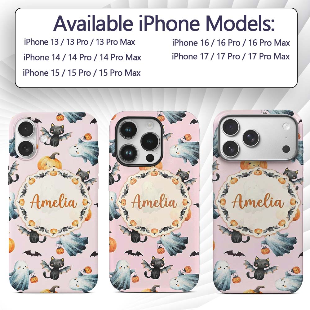 Cute Halloween Ghost Pumpkin Bat Cat Seamless Custom Name Protective Phone Case Mobile Cover Durable Everyday Smartphone Shock Resistant
