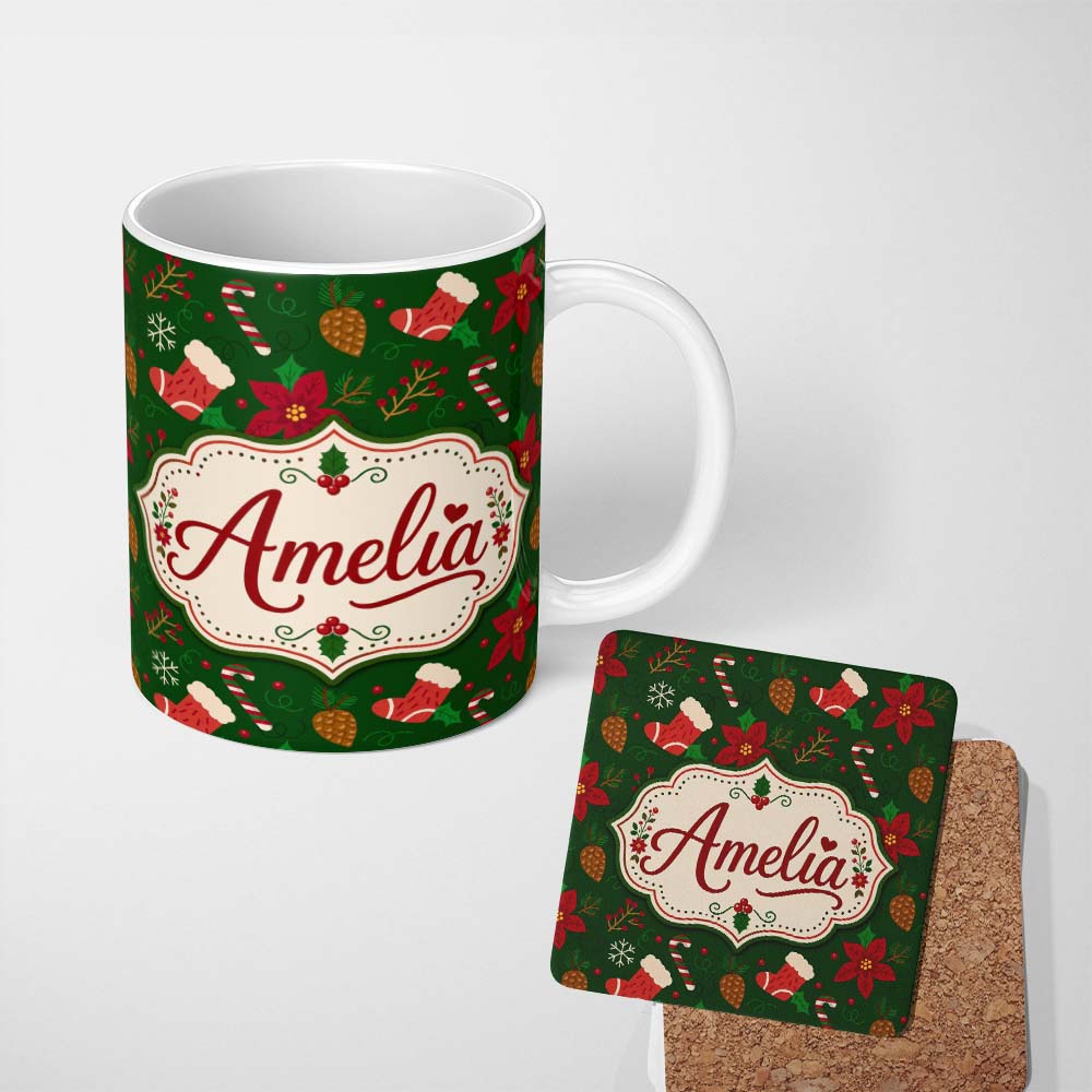 Personalized Custom Name Cute Christmas Stocking Candy Cane Pinecone Seamless Pattern Festive 11oz Ceramic Coffee Tea Mug White Large Handle