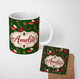 Personalized Custom Name Cute Christmas Stocking Candy Cane Pinecone Seamless Pattern Festive 11oz Ceramic Coffee Tea Mug White Large Handle